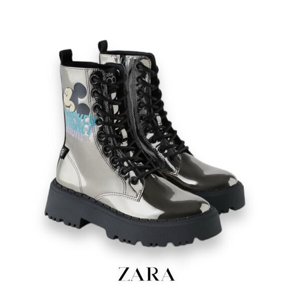 ZARA Kids | Black | MIRRORED MICKEY MOUSE © DISNEY ANKLE BOOTS - Picture 1 of 7